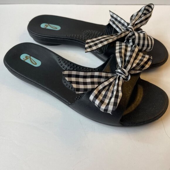 OKAb Madison Slide Sandals With Gingham Check Bow Size Medium (6.5-7.5) - Picture 1 of 11